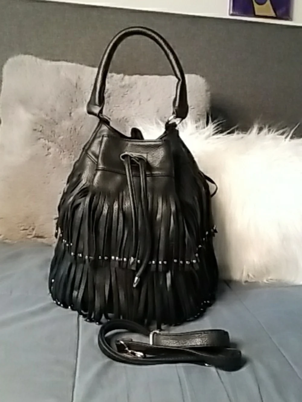 Black Fringe Hobo Bag with Detachable Strap Medium